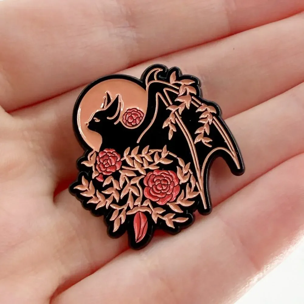 Gothic Bat Enamel Pin Pink Roses Floral Witchy Halloween Soft Enamel
